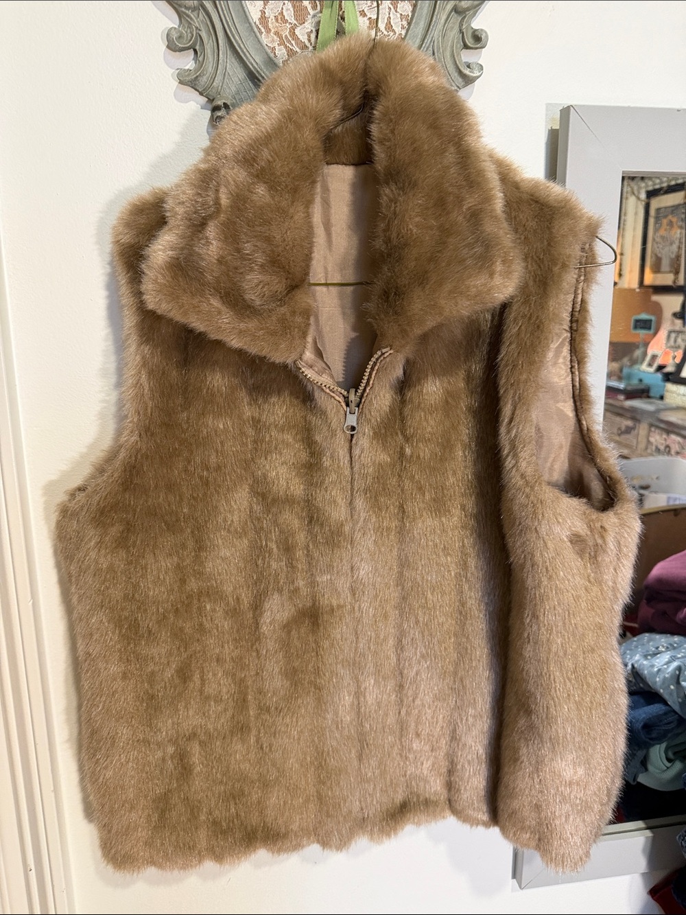 Faux Fur Zip-Up Vest in Warm Camel